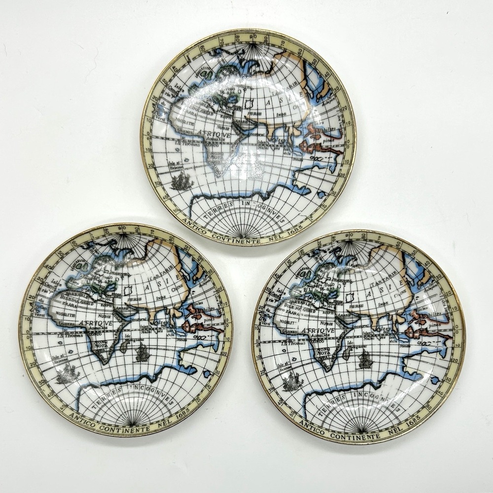 3 Vintage Antico Continente Nel 1683 Mini Map of World 4" Plates Coasters Dish